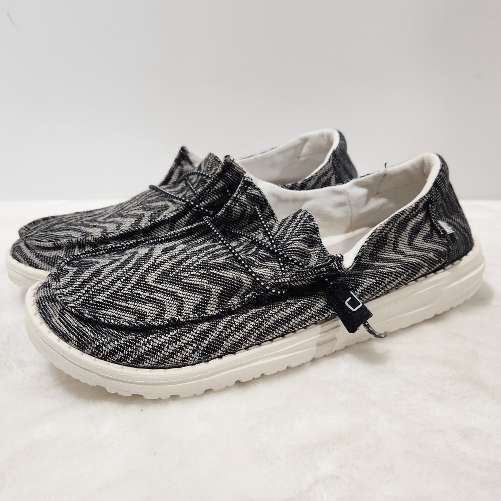 Hey Dude Wendy Woven Gray Black Stripe Lace Slip On Shoes Womens 8